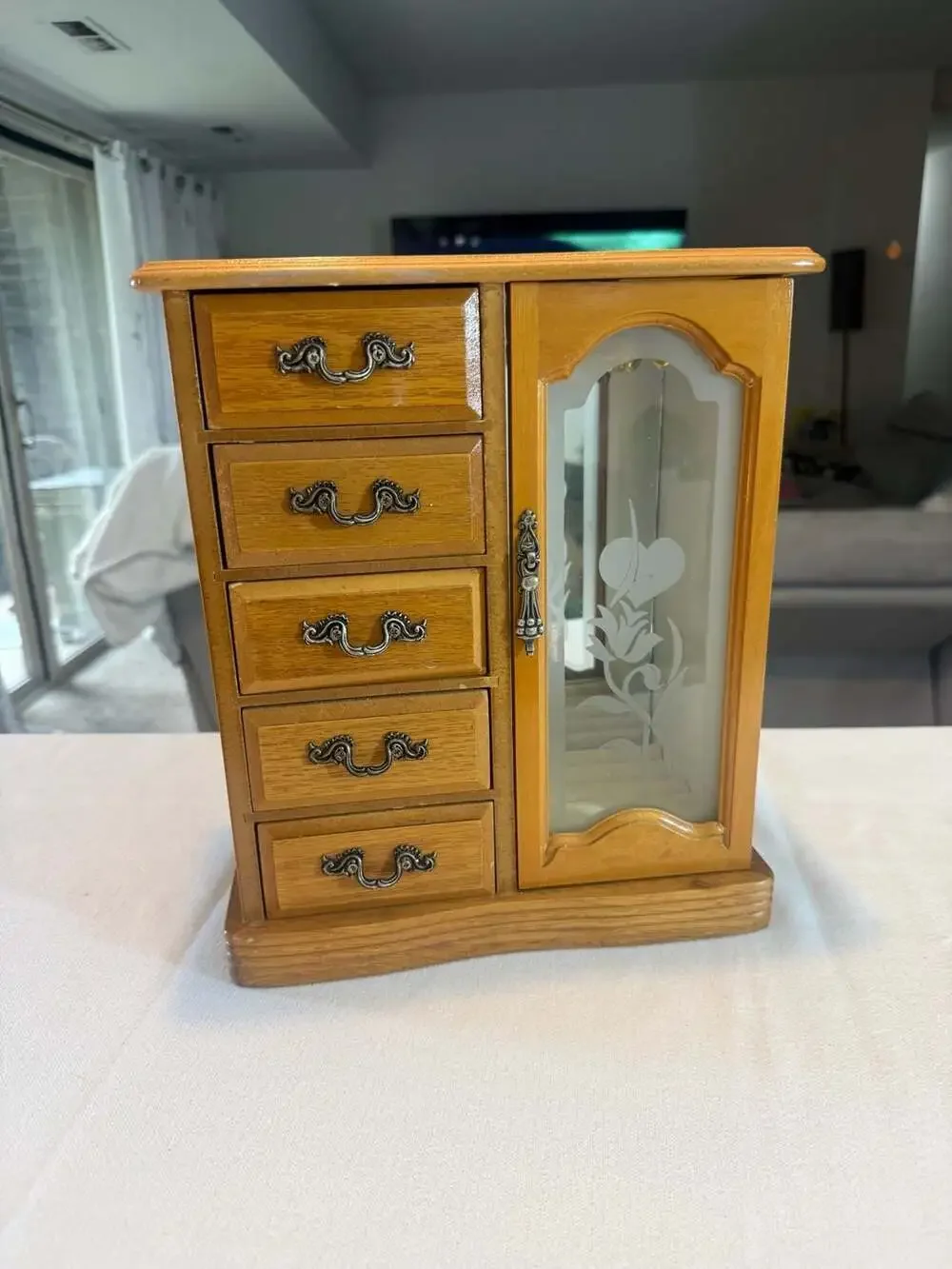 Vintage Tall Wooden Jewelry Armoire with 5 Drawers and Etched Glass Door